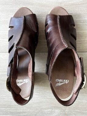 Dansko Demetra Teak Brown Leather Cutout Platform Wedge Sandal Clogs